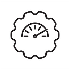 Speedometer or gauge icon, displaying high performance, black and white line illustration, surrounded by decorative gear shapes, symbolizing performance, speed, or efficiency, vector graphic element.