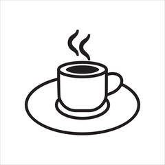 Icon of a hot coffee cup and saucer, with steam rising from the liquid, black and white line illustration, symbolizing breakfast, cafe, break time, or hot drinks, vector graphic element.
