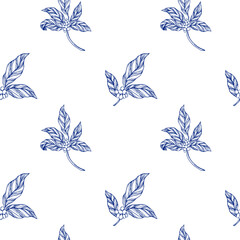 Seamless vector pattern with coffee plant branches, leaves, flowers, and berries in elegant toile de jouy style. Perfect for wallpaper, fabric, wrapping paper, coffee shop decor, and packaging design.