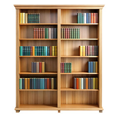 High resolution image of wooden bookcase bookshelf with books for home library decor on transparent background