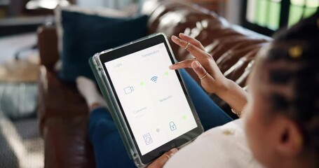 Smart home control, online and hands with tablet screen, scroll and checking security system on web. Browsing, settings and person with technology for safety in house, automation and dashboard view - Powered by Adobe