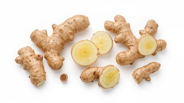 Ginger root with slices and pieces, fresh ginger, healthy and natural ingredient, culinary use, herbal medicine, ground spices, or tea element.