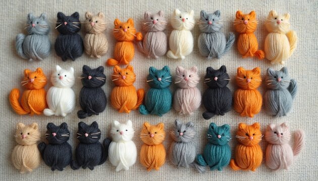 Collection of yarn cats in various colors and poses arranged neatly on fabric background. These cute handmade toys are perfect for craft blogs, pet stores, or kids projects.