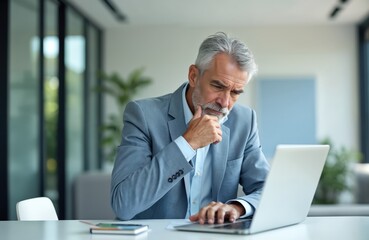 Serious mature businessman works on laptop computer at office desk. Thinks deeply about investment project, wears suit, grey hair, beard. Professional man analyzes data for business growth strategy.