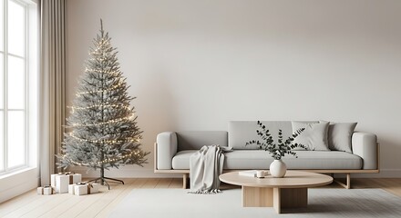A modern living room features a decorated Christmas tree and a sofa with gifts beneath it.