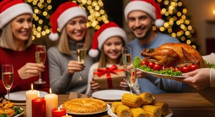 Happy Family Wearing Santa Hats Toasting Champagne Glasses at Christmas or Thanksgiving Dinner Table with Roasted Turkey, Food, and Bokeh Lights