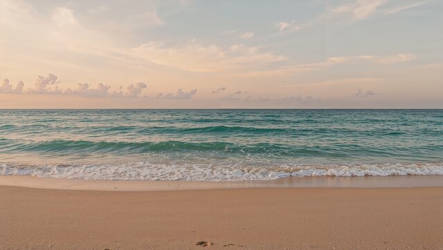 Beach scene with ocean waves and a pastel sky at sunrise or sunset. Coastal landscape with calm water and sandy shore.