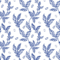 Seamless vector pattern with coffee plant branches, leaves, flowers, and berries in elegant toile de jouy style. Perfect for wallpaper, fabric, wrapping paper, coffee shop decor, and packaging design.