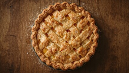 Freshly baked pie with a lattice crust on a rustic wooden surface. Homemade dessert, pastry, baking, traditional. The concept of baking and homemade treats.