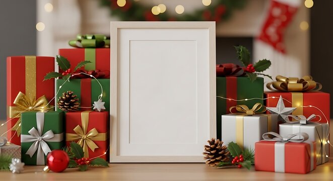 A collection of festive Christmas gifts are arranged around a blank picture frame, ready for personalization.