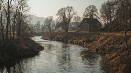 Obraz premium River landscape with trees, house, and hills in the background during fall or winter.