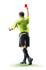 Soccer referee. Referee showing the red card in the soccer stadium. Image on a white background. Sports concept. Isolated