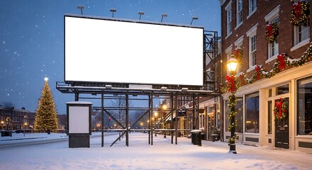 A large blank billboard in a snowy city street with Christmas decorations awaits advertising.