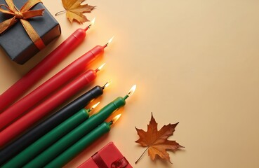 Seven Kwanzaa candles, red black, green, arranged on beige surface with gifts, autumn leaves. Symbols of African American heritage, unity, celebration concept. Candles lit for holiday observance,