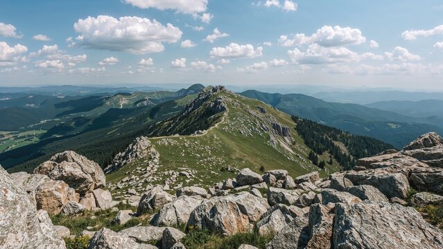A mountain landscape with rocky terrain, green ridges, and a cloudy sky. - Powered by Adobe