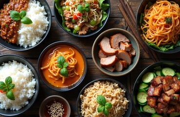 Assortment of various thai dishes displayed in bowls on wooden surface. Noodles, rice, vegetables, meat and basil leaves present. Collection of asian plates for food photography recipe book.