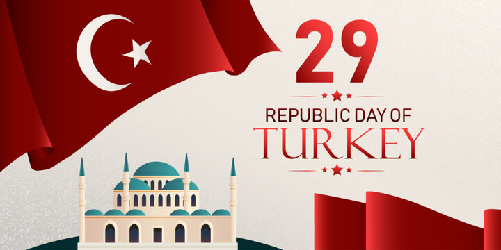 29 Republic Day of Turkey, celebrating the founding of the republic with the Turkish flag, mosque, and national pride.