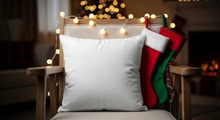 A blank white pillow sits on a chair decorated with Christmas stockings and lights.