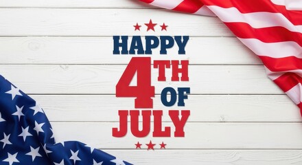 Happy 4th of July Banner with American Flag on a Rustic White Wooden Background, USA Independence Day Greeting Card