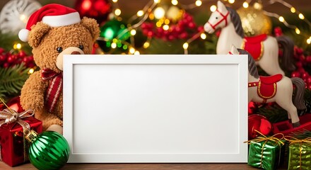 A festive Christmas scene features a teddy bear, rocking horse, and gifts around a blank white frame, perfect for a holiday message.
