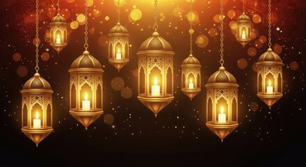 Ramadan Kareem or Diwali Festival Background with Hanging Ornamental Arabic or Indian Lanterns, Golden Bokeh Lights, and Sparkling Dust