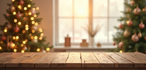 Festive xmas decor display. Wooden table surface against blurry christmas trees with ornaments and fairy lights. Light from a window in background. Perfect holiday display for advertisement or mockup.
