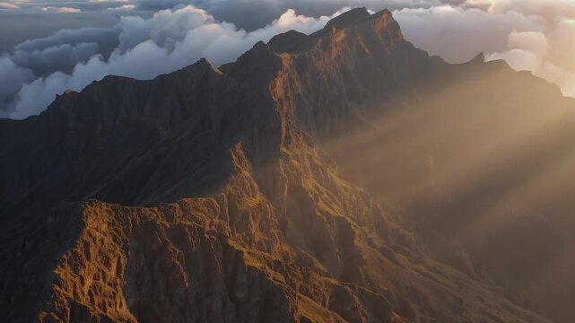 Glorious 4K cinematic footage sunbeams piercing through clouds Pico do Arieiro illuminating rocky mountain peaks painting sky Madeira warm timeless golden hues evoke serenity natural wonder