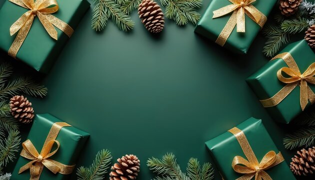 Green gift boxes with gold ribbon tied neatly on dark green surface. Pine branches and cones create festive holiday border. Background for seasonal greetings