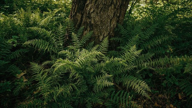 A close-up view of ferns growing at the base of a tree trunk in a lush forest setting.