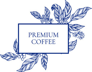 Elegant vector frame coffee plant branches, leaves, flowers, and berries in classic toile de jouy style. Perfect template for coffee packaging, label, branding, cafe menu, and premium product design.