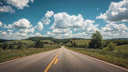 Fototapeta premium Empty road stretching through green landscape with trees, under a sky filled with fluffy clouds. Nature and travel concept. Scenic countryside view.