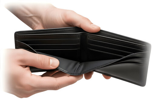 "Empty Black Leather Wallet in Man's Hands Isolated on Transparent Background PNG &ndash; Realistic Open Wallet Image"