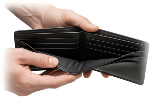 "Empty Black Leather Wallet in Man's Hands Isolated on Transparent Background PNG – Realistic Open Wallet Image"