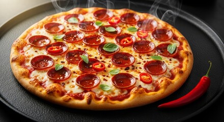 Hot pepperoni pizza with melted cheese and chili on black surface in rustic style