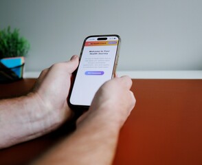 Middle Aged Man Uses Artificial Intelligence Health Coach Bot to Save Money on Health Insurance - AI Health and Wellness Concept