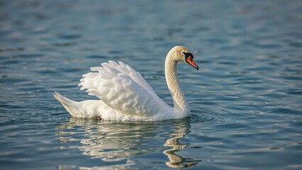Naklejka premium A white swan swimming on water with ripples. Nature and wildlife, aquatic bird, elegance on the lake. Peaceful and serene environment.