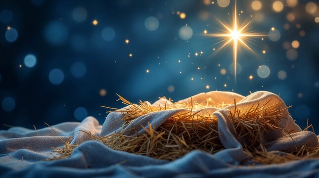 Christian nativity scene with an empty manger and straw. The Star of Bethlehem shines on a holy night. Christmas religious background concept