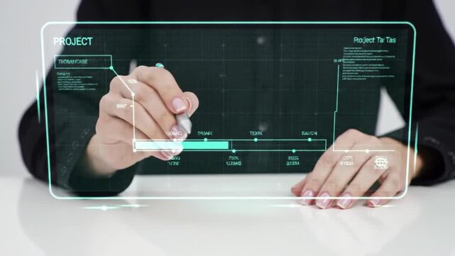 Project manager interacting with a holographic Gantt chart for task scheduling.