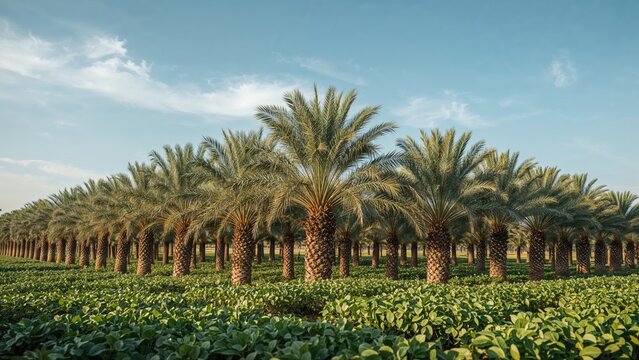 Lush palm tree plantation on a sunny day with clear sky and green ground cover.