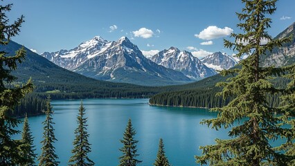 Scenic view of mountains, lake, and evergreen trees in nature. Snow-capped peaks and blue sky create a tranquil landscape.