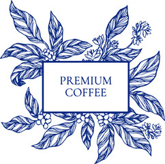 Elegant vector frame coffee plant branches, leaves, flowers, and berries in classic toile de jouy style. Perfect template for coffee packaging, label, branding, cafe menu, and premium product design.