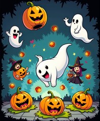 Fototapeta premium bruja, halloween, calabaza, dibujos animados, vector, otoñal, bate, felinos, ilustración, duende, vacaciones, bruja, noche, luna, acomodador, designio, asustadizo, alarmante, gorros, celebraciones