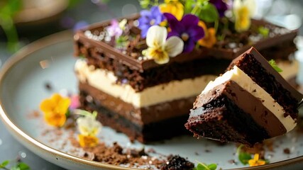 A gourmet layered chocolate cake topped with edible flowers and being sliced by a spoon. Perfect for high-end patisserie, fine dining, restaurant menu, and decadent dessert advertising.