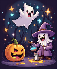 Fototapeta premium bruja, halloween, calabaza, dibujos animados, vector, otoñal, bate, felinos, ilustración, duende, vacaciones, bruja, noche, luna, acomodador, designio, asustadizo, alarmante, gorros, celebraciones