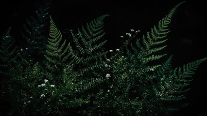 Ferns and small white flowers in a dark setting. Nature and plant life, concept. Vegetation and foliage. The concept of greenery and forest ecology
