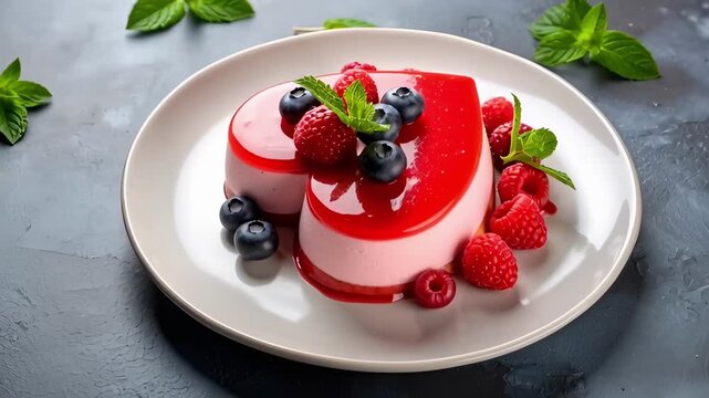 A beautiful heart-shaped dessert with a glossy red glaze, fresh raspberries, and blueberries. Perfect for Valentine's Day, romantic dining, love celebration, and gourmet pastry concepts.