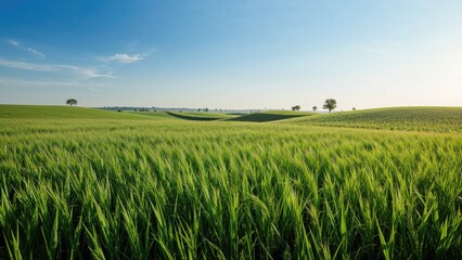 Obraz premium Lush green fields under a clear blue sky with scattered trees and distant horizon. Agricultural landscape and scenic countryside. Nature and rural scenery.