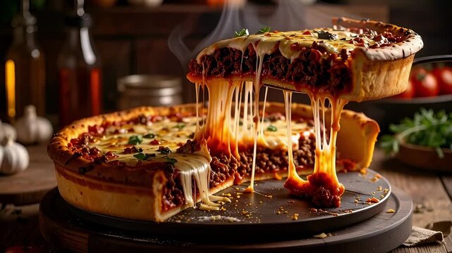 A slice of deep-dish Chicago-style pizza with meat, sauce, and melted cheese is lifted, creating a long, appetizing cheese pull. Perfect for restaurant and fast-food advertising.