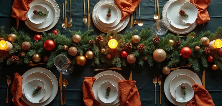 Festive table setting with evergreen garland, ornaments, candles and gold cutlery. Elegant dinnerware with pine cones and sprigs ready for holiday feast. Dark tablecloth provides contrast.