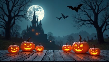 Several carved glowing pumpkins sit on a wooden table. In background a spooky castle, full moon, bats fly, graveyard, bare trees, misty night, Halloween theme.